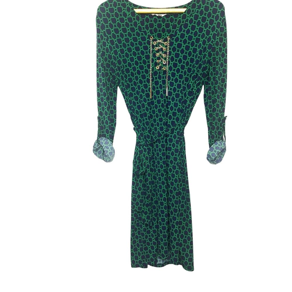 Spense‎ Navy and Green Tie Waist Gold Chain Lace Up Spandex Blend Dress Size S